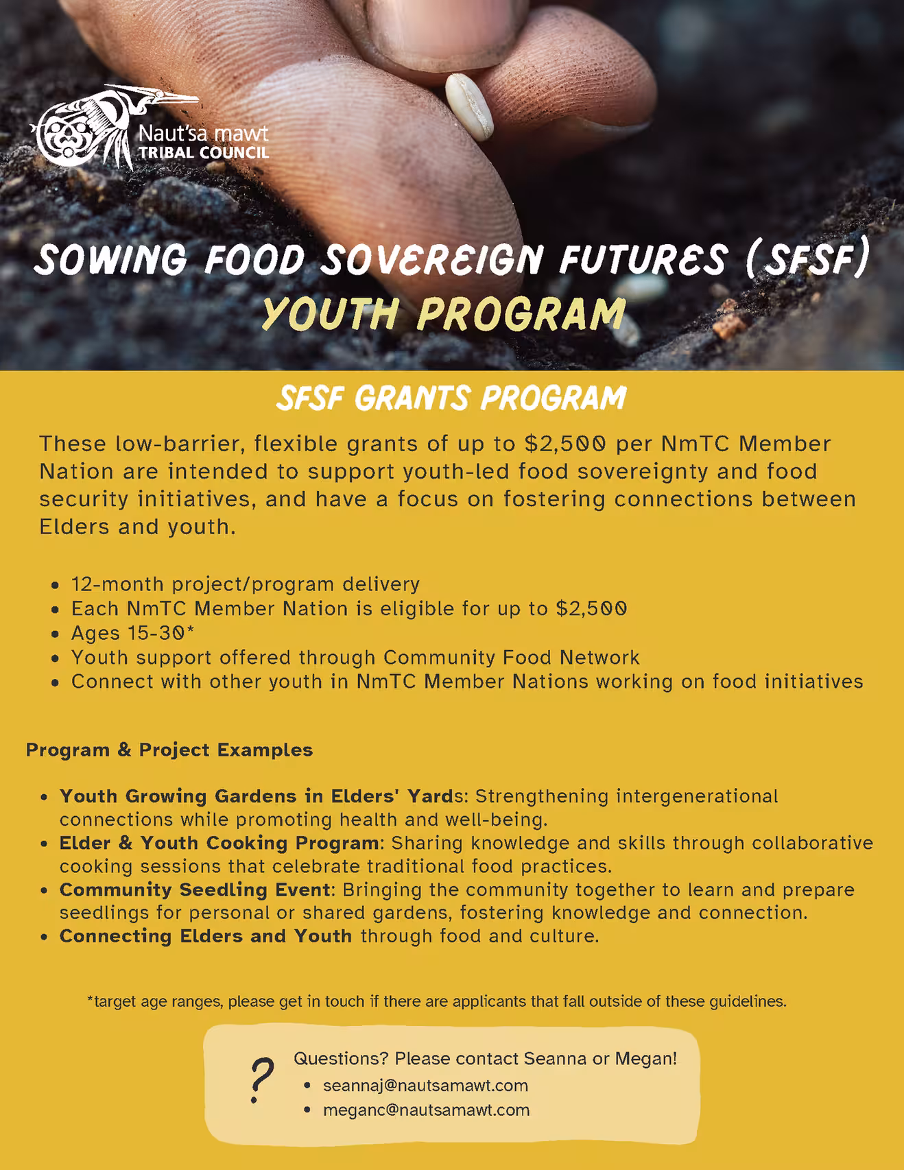 A flyer for the Naut’sa mawt Tribal Council Sowing Food Sovereign Futures (SFSF) Youth Program featuring a close-up of hands planting a seed
