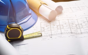 A blue hard hat, tape measure, and rolled blueprints on a construction plan