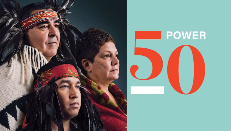 A promotional graphic featuring Chief Wayne Sparrow, Council Chairperson Khelsilem, and Chief Jen Thomas alongside the text POWER 50.