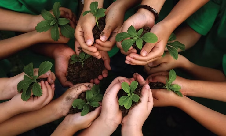 A top-down view of a group of children in green shirts holding young plants with soil in their cupped hands, arranged in a circle