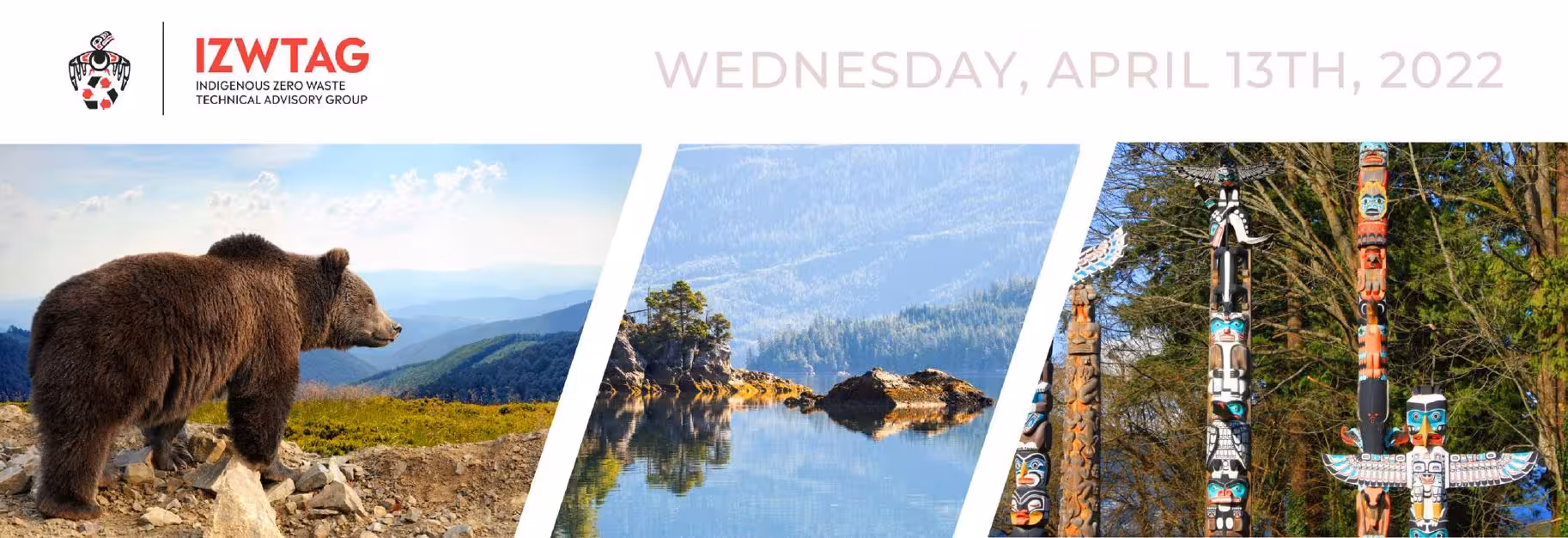 A digital banner for the Indigenous Zero Waste Technical Advisory Group (IZWTAG) featuring nature and cultural imagery