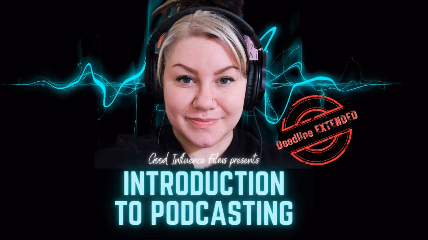 A promotional graphic for an Introduction to Podcasting course featuring a woman with headphones