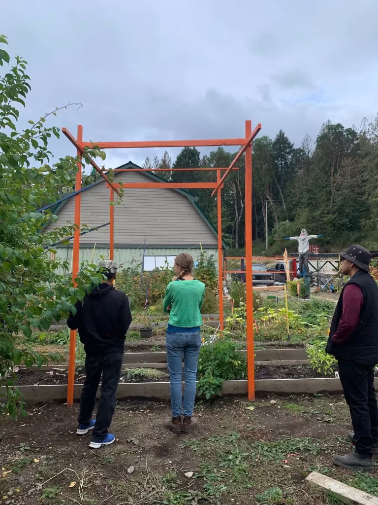 Three people stand in a garden looking toward an orange wooden trellis and a gray building in the background