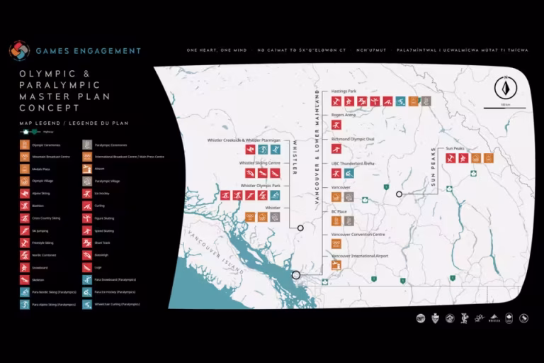 A map showing proposed sports venue locations across the Lower Mainland, Whistler, and Sun Peaks in British Columbia