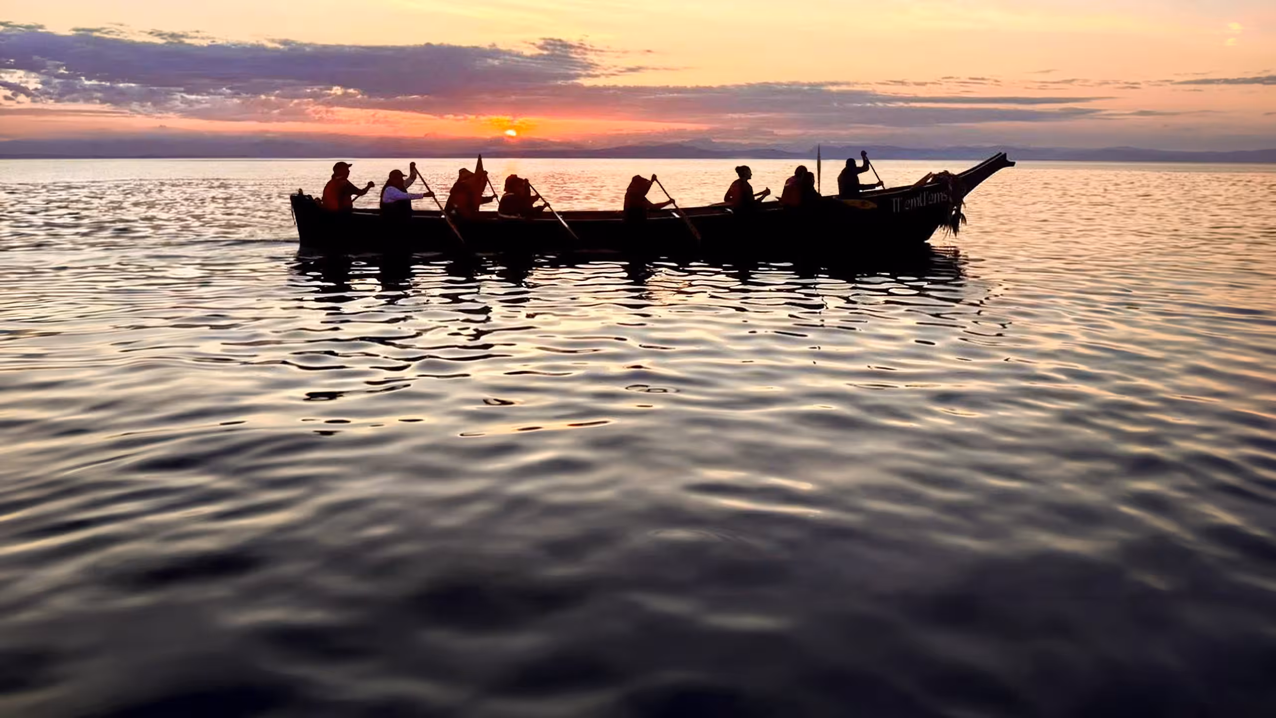 eight people rowing a canoe