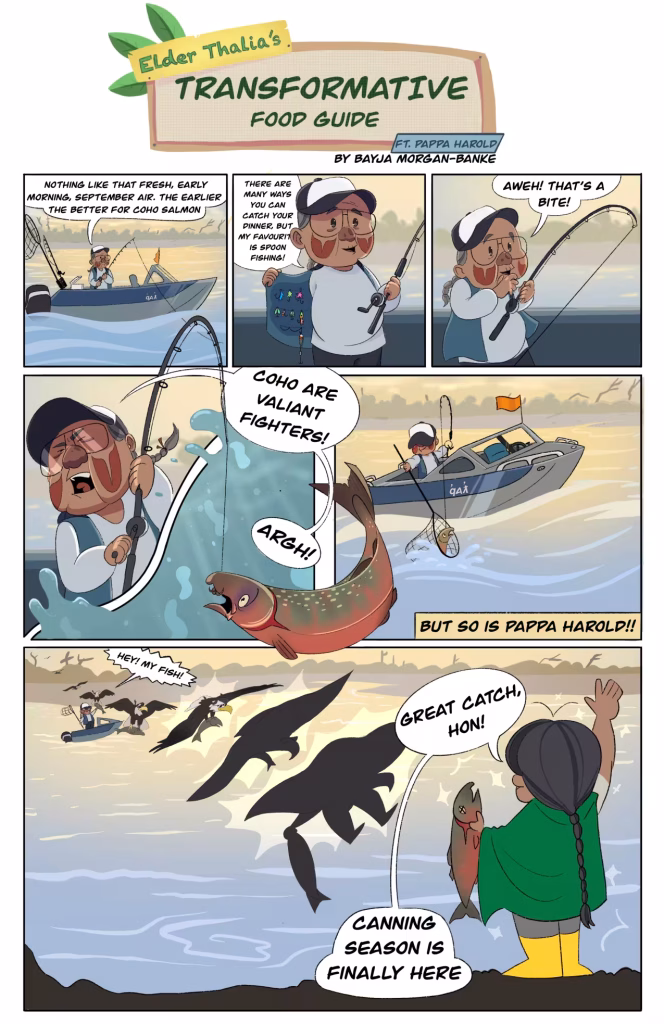 Comic strip about Elder Thalia's Transformative Food Guide, featuring Pappa Harold fishing for coho salmon.
