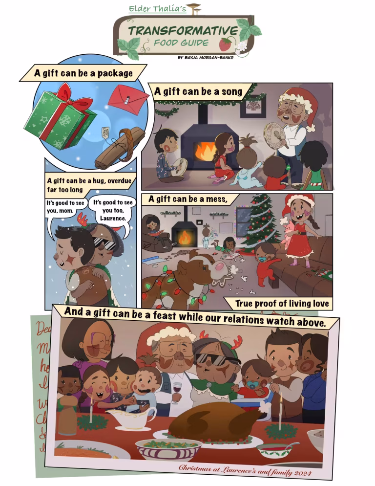 Comic strip illustrating that gifts can be packages, songs, hugs, messes, and feasts.