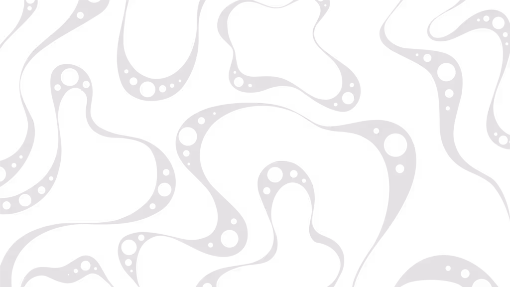 Abstract black and white pattern of flowing, amoeba-like shapes with small circles.